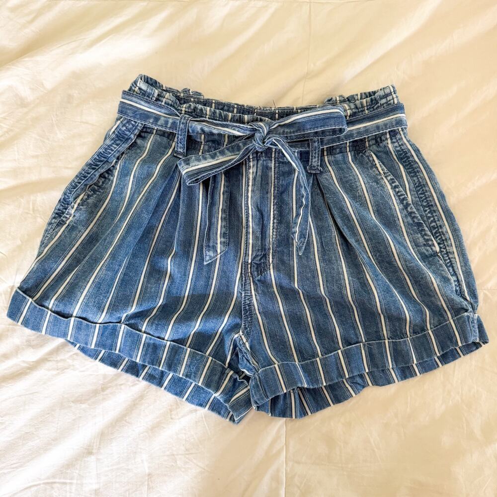 American Eagle Striped Paperbag Denim Shorts Tie Waist Blue White Size 0